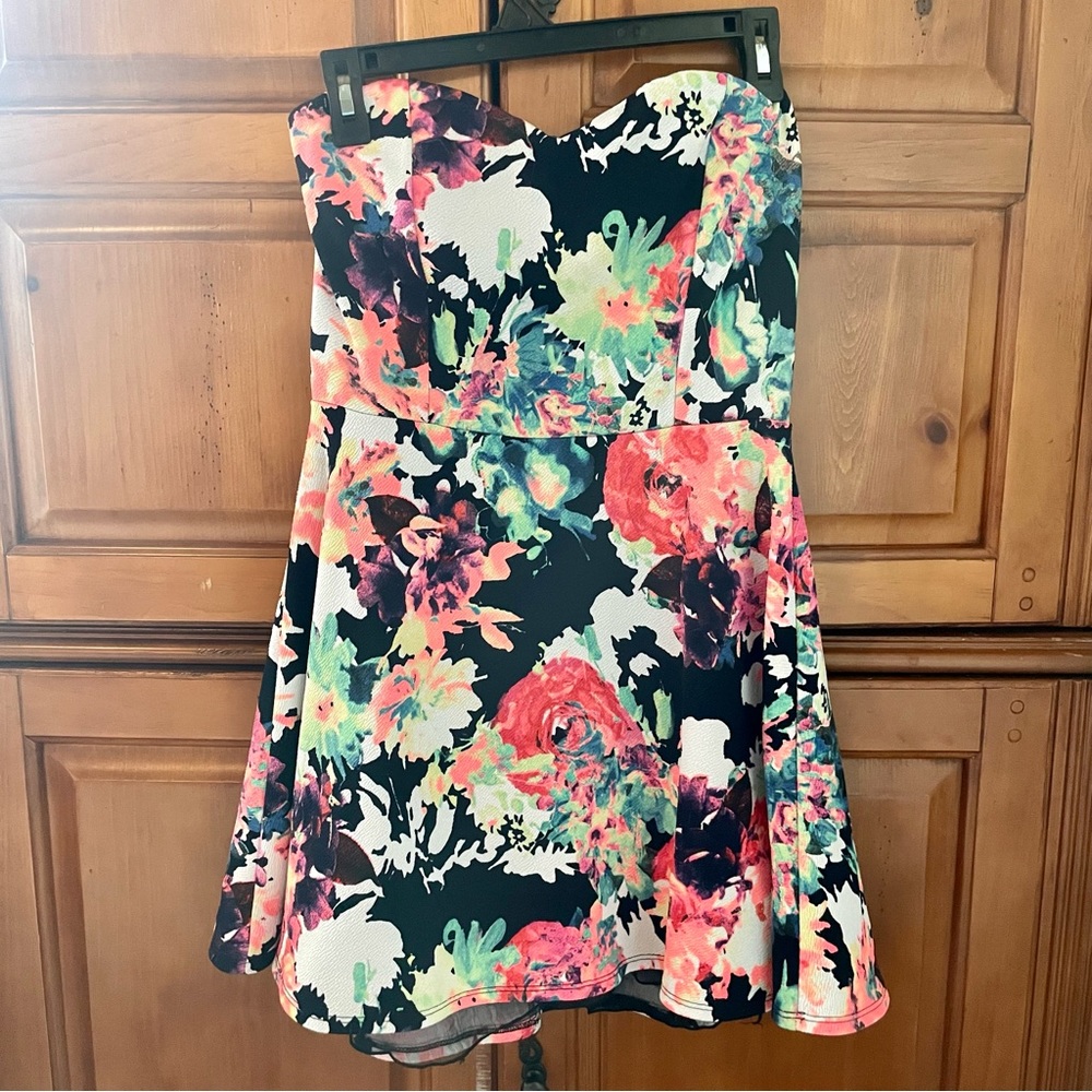 Strapless Floral and Black Mini Dress